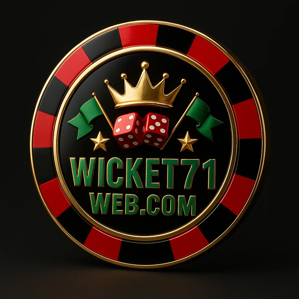 wicket71 লোগোসহ সোনালি গেমিং প্ল্যাটফর্মের চিপ, মুকুট, তারা, বাংলাদেশের পতাকা ও কার্ড প্রতীক